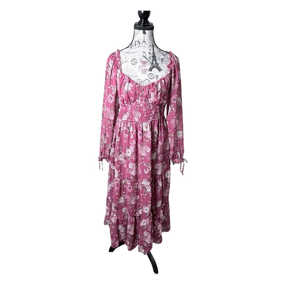 Trixxi Floral Smocked Midi Dress Womens L Pink Cottagecore Long Sleeve Tiered